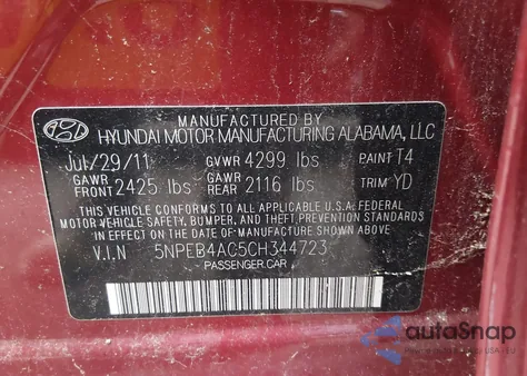 2012 Hyundai Sonata Gls z USA, uszkodzony, nr VIN 5NPEB4AC5CH344723